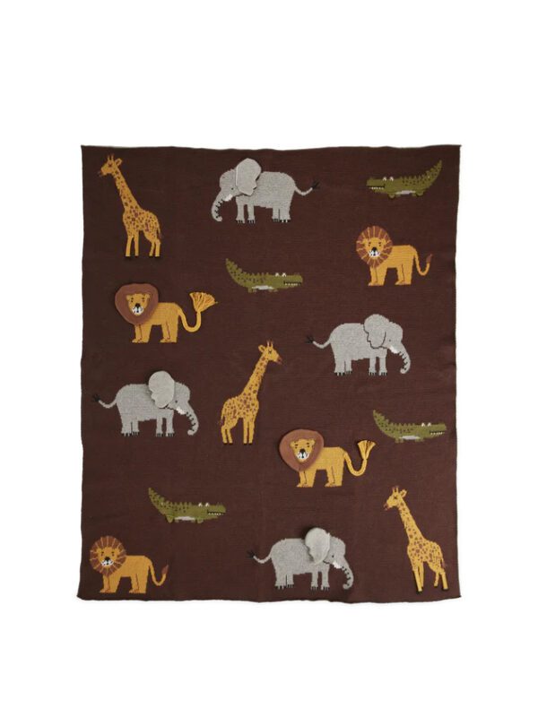 Knitted Baby Blanket in Chocolate Brown with Animals
